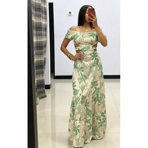 Micas Tropical Off-Shoulder Maxi‎ Dress with Cutouts Green Leaf Print Size XL
